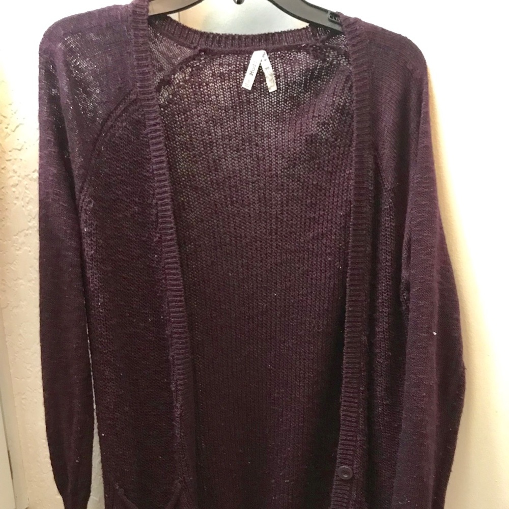 Long open front plum cardigan